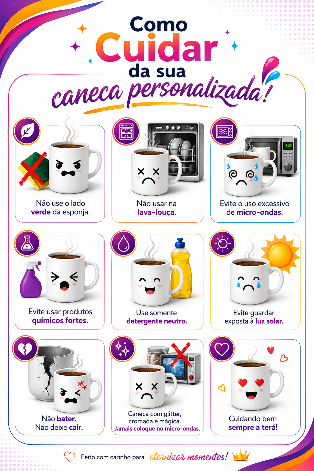 Cuidados - Caneca Branca  de Cerâmica com Base Glitter Dourada