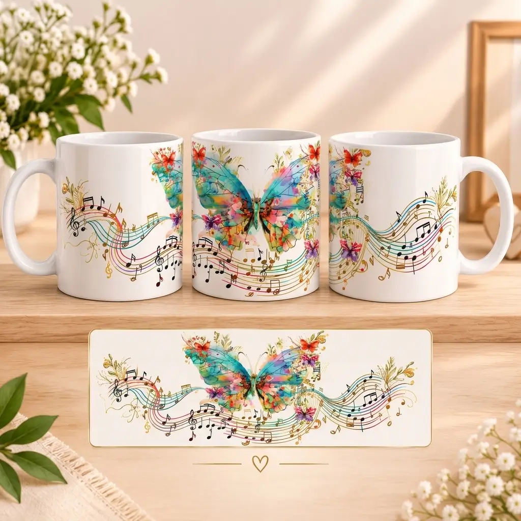 Caneca Borboleta Aquarelada & Notas Musicais