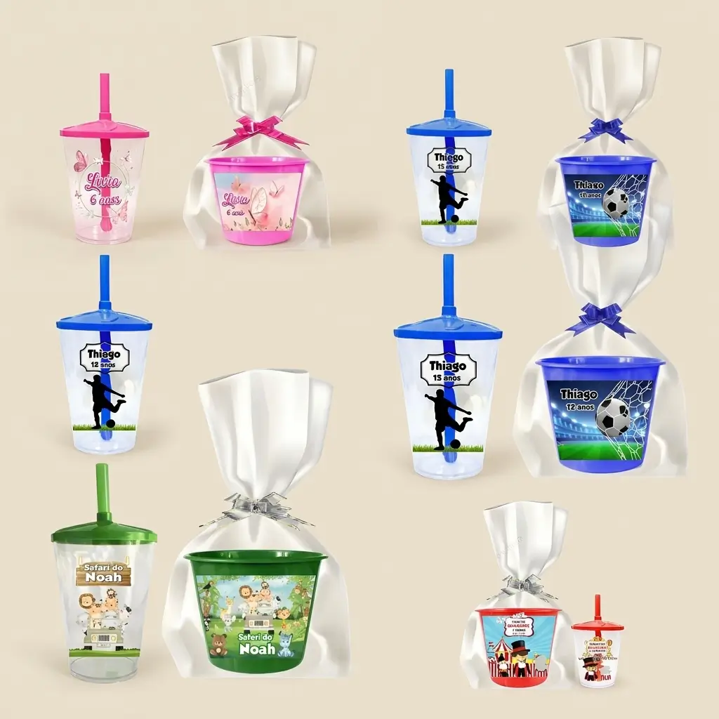 Kit Lembrancinha Infantil Premium: Balde de Pipoca + Copo com Tampa e Canudo