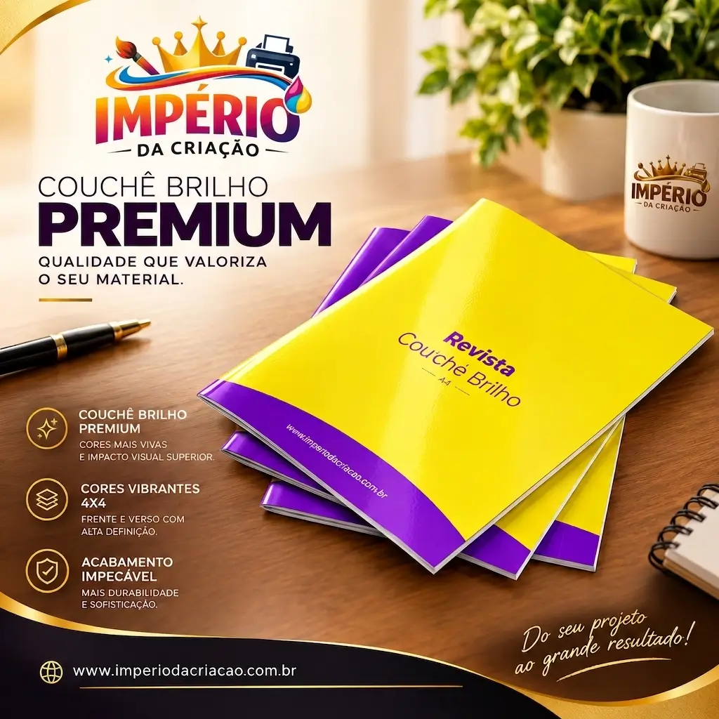 Revistas 8 páginas em Couchê 90gr - 100x140mm - 4x4 Cores - Dobra e 2 grampos