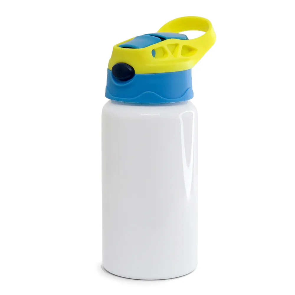 Squeeze de Alumínio Branco Infantil com Bico Automatico Tampa Azul e Amarelo