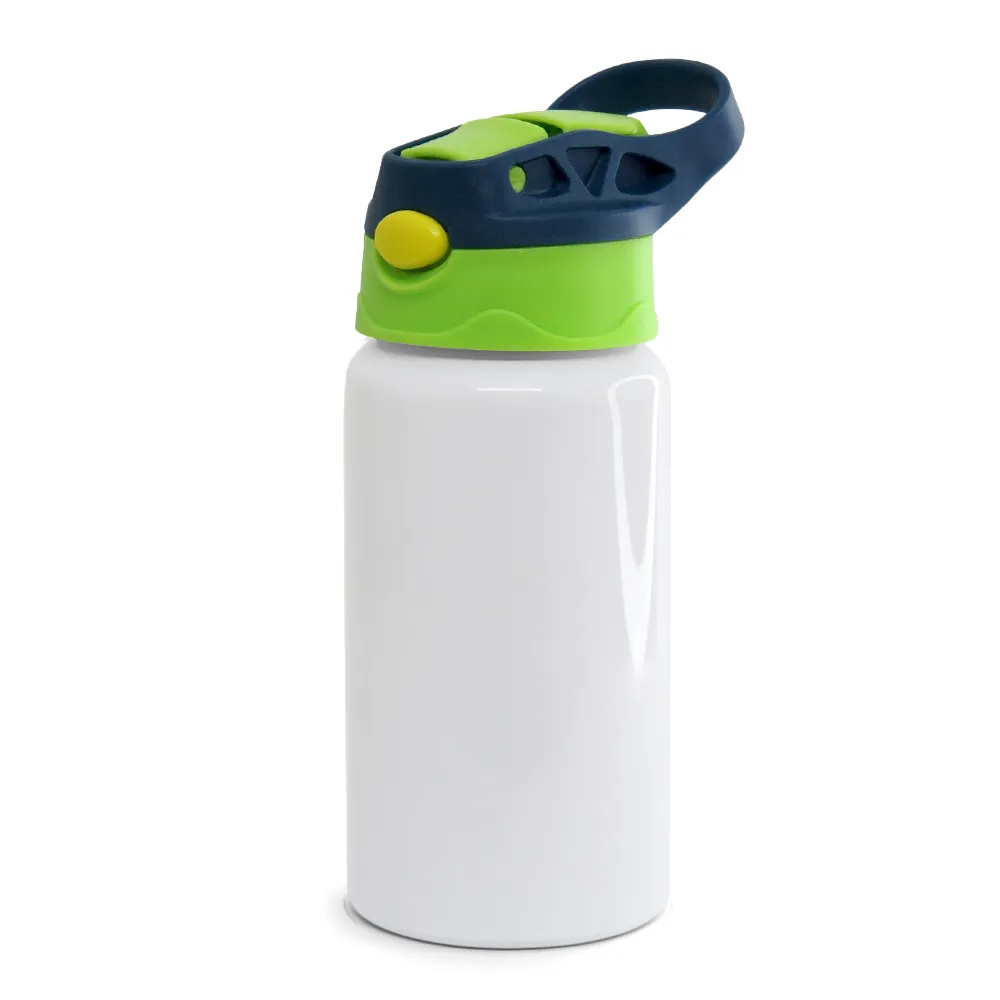 Squeeze de Alumínio Branco Infantil com Bico Automático Tampa Azul e Verde