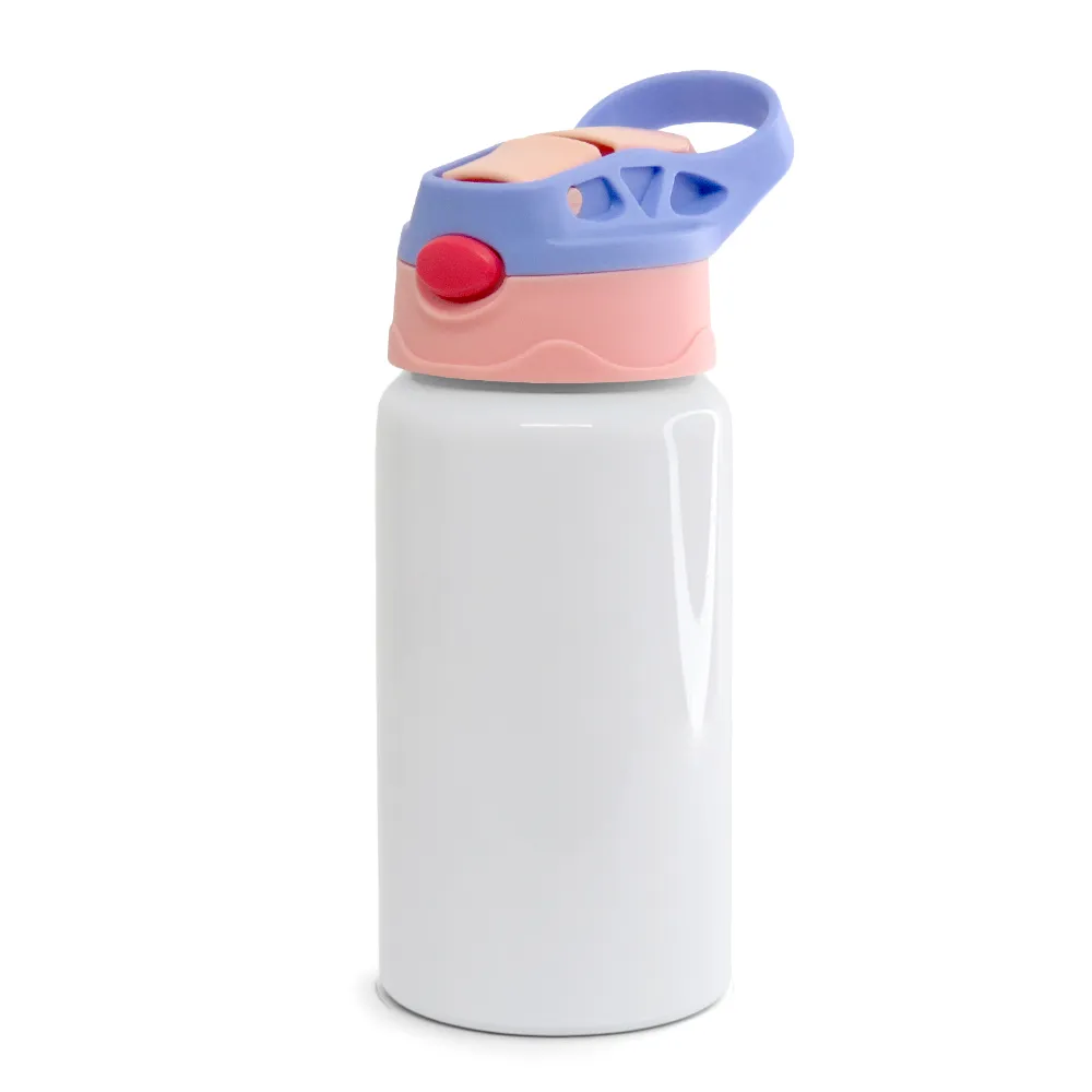 Squeeze de Alumínio Branco Infantil  com Bico Automático Tampa Rosa e Lilás 500ml