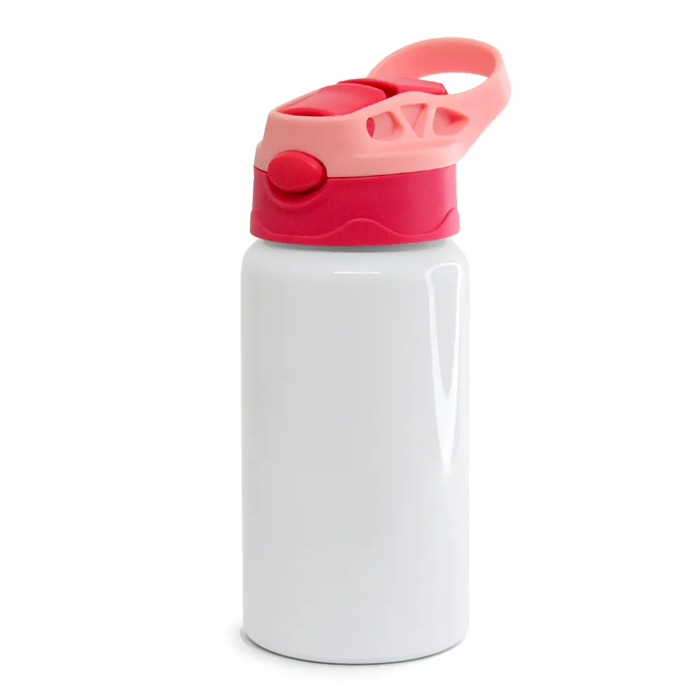 Squeeze de Alumínio Branco Infantil com Bico Automático Tampa Rosa e Vermelha  500ml