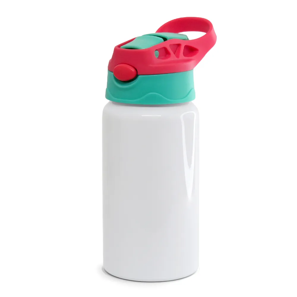 Squeeze de Alumínio Branco Infantil com Bico Automático Tampa Vermelha e Verde  500ml