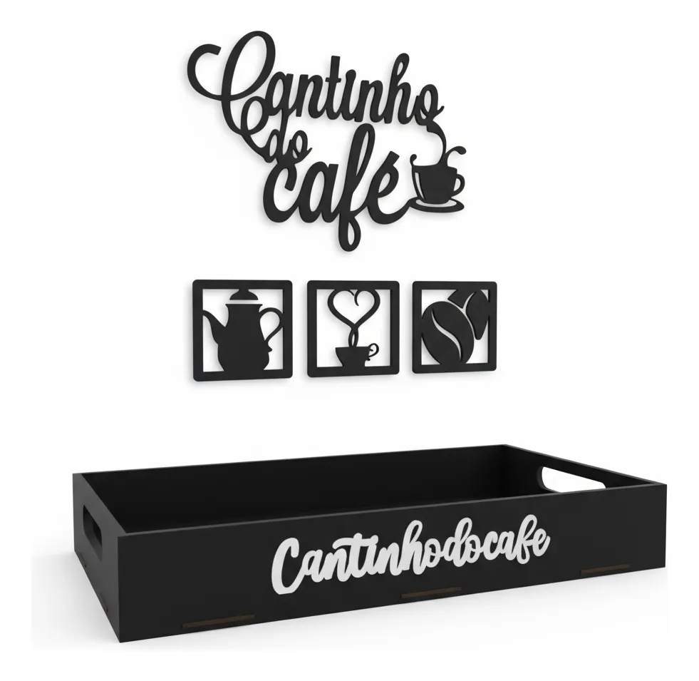 Kit Cantinho do Café Decorativo Mdf Bandeja e Apliques Café