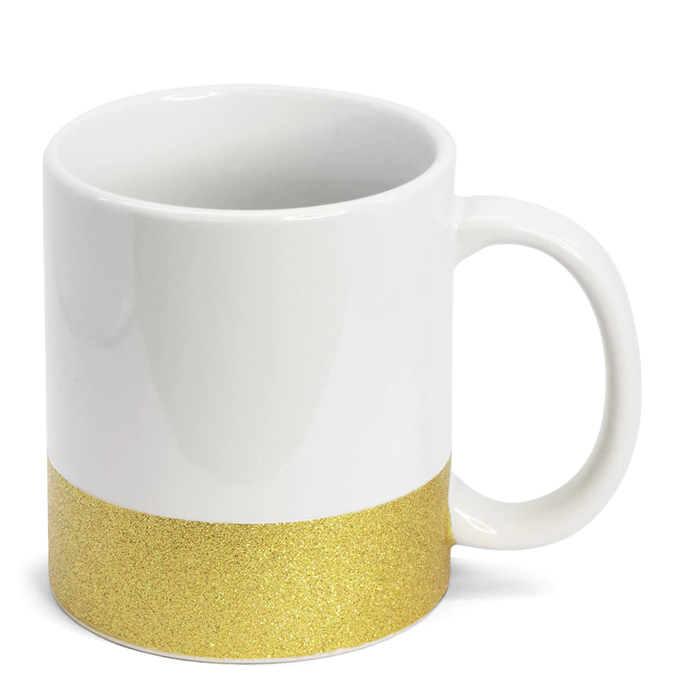 Caneca Branca  de Cerâmica com Base Glitter Dourada - Variação